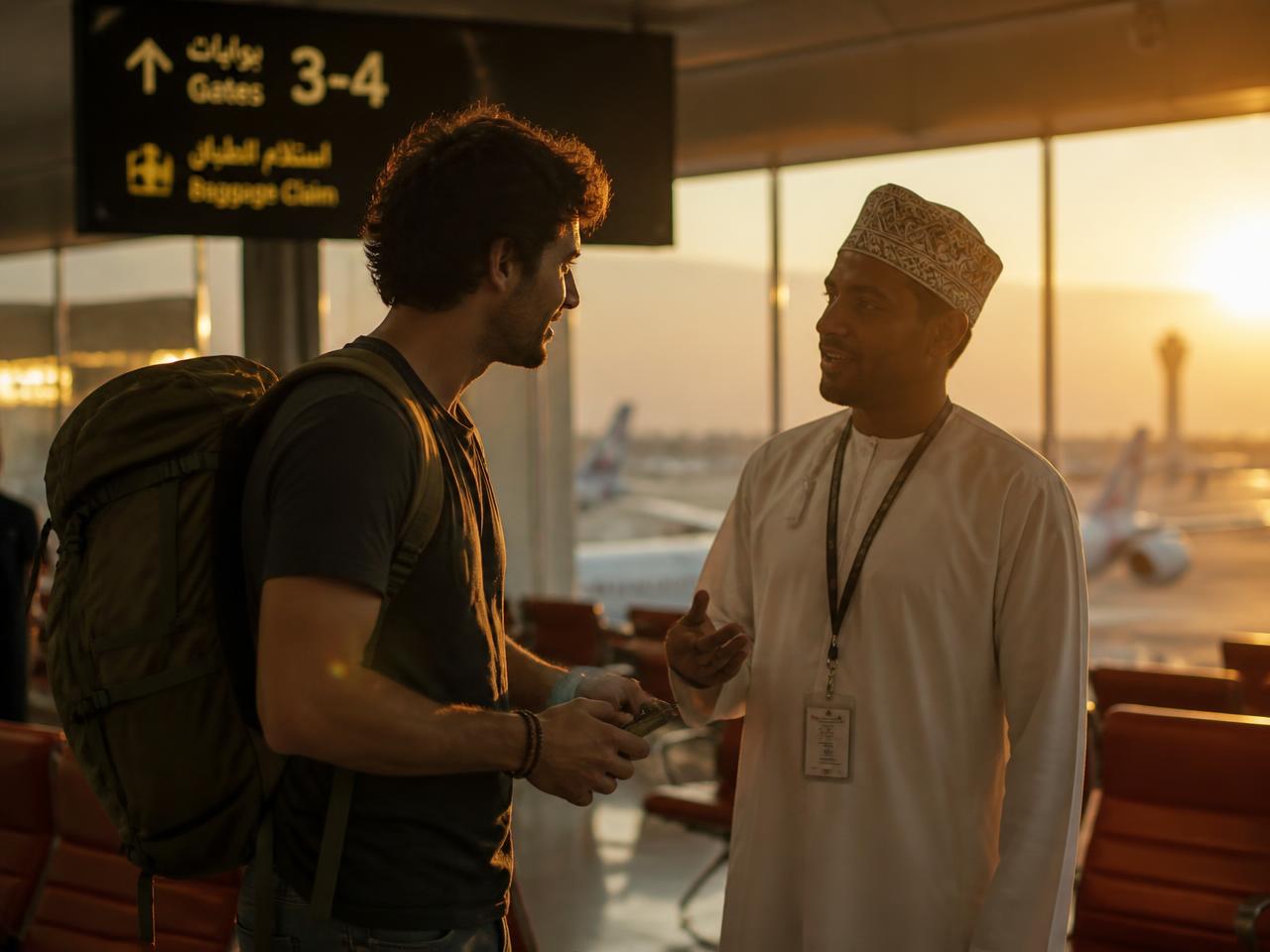 Viajante conversando em inglês com atendente em um aeroporto ao amanhecer