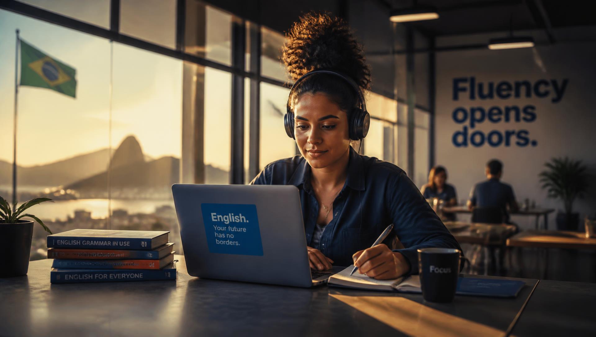 Estudante brasileira estudando inglês com fones de ouvido em um espaço de trabalho ao pôr do sol